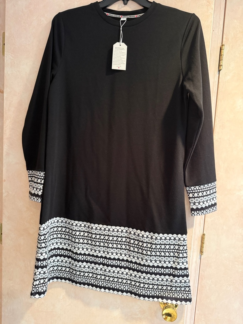 Black Mini Dress with White Geometric Trim